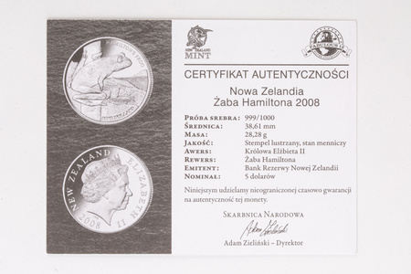 Nowa Zelandia 5 Dolarów 2008 - Żaba Hamiltona